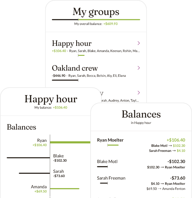 Screenshots showing Heypenny in use, including a list of groups and how much the person owes in each, a detail view of a single group showing the relative balances of each person in the group, and a view showing suggested payments to resolve all balances