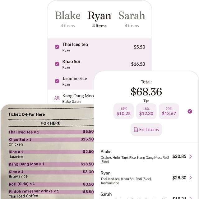 Screenshots showing Heypenny in use, including a receipt with boxes around recognized items, a page where each person picks the items they got, and a page with the group's totals